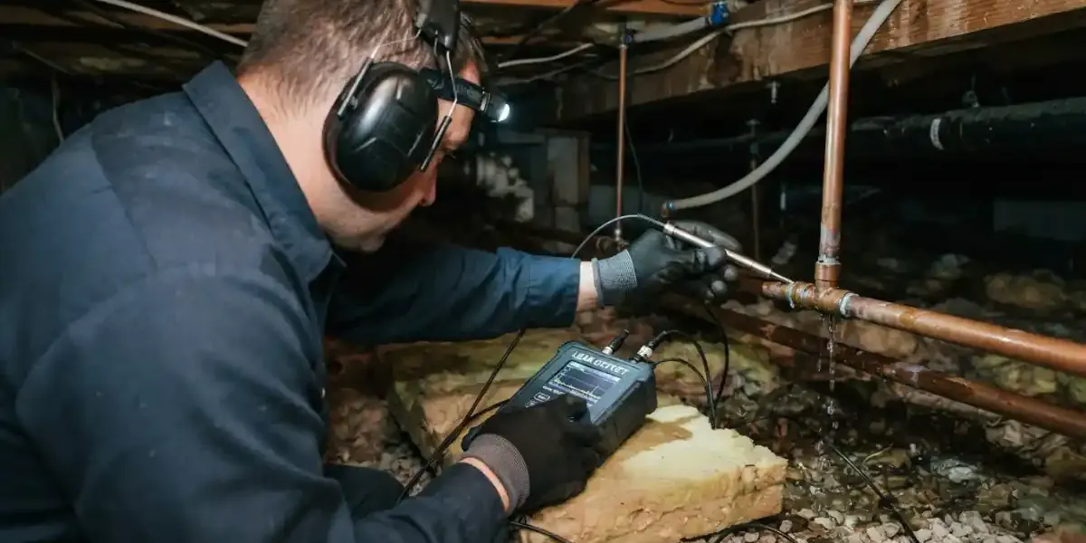 Technician in ear protection using an acoustic leak detector on pipes in a crawlspace