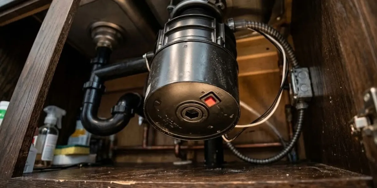Garbage disposal under a sink with its wiring box and reset button