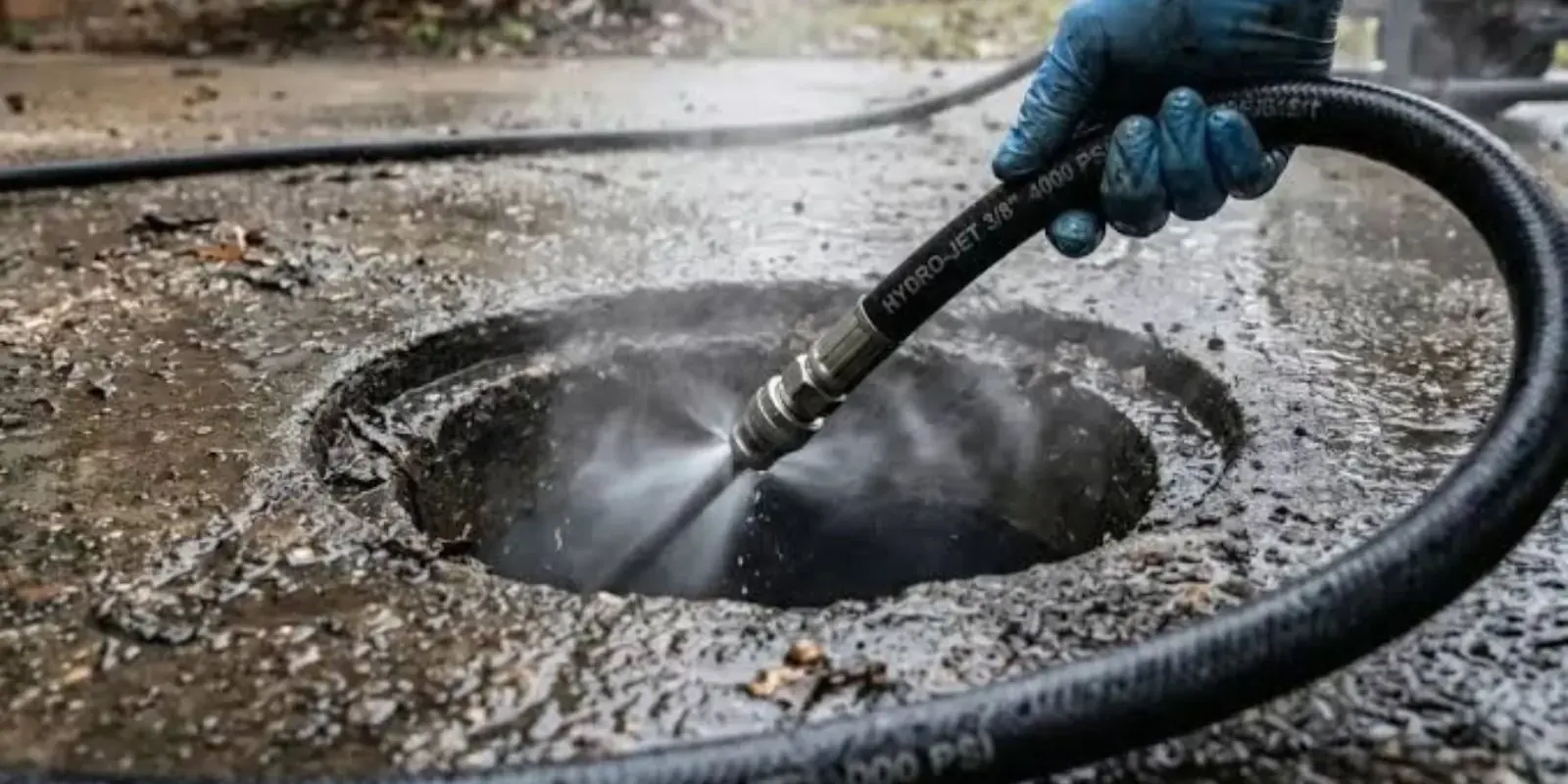 Gloved hand holding a hydro jet hose spraying water into a drain opening