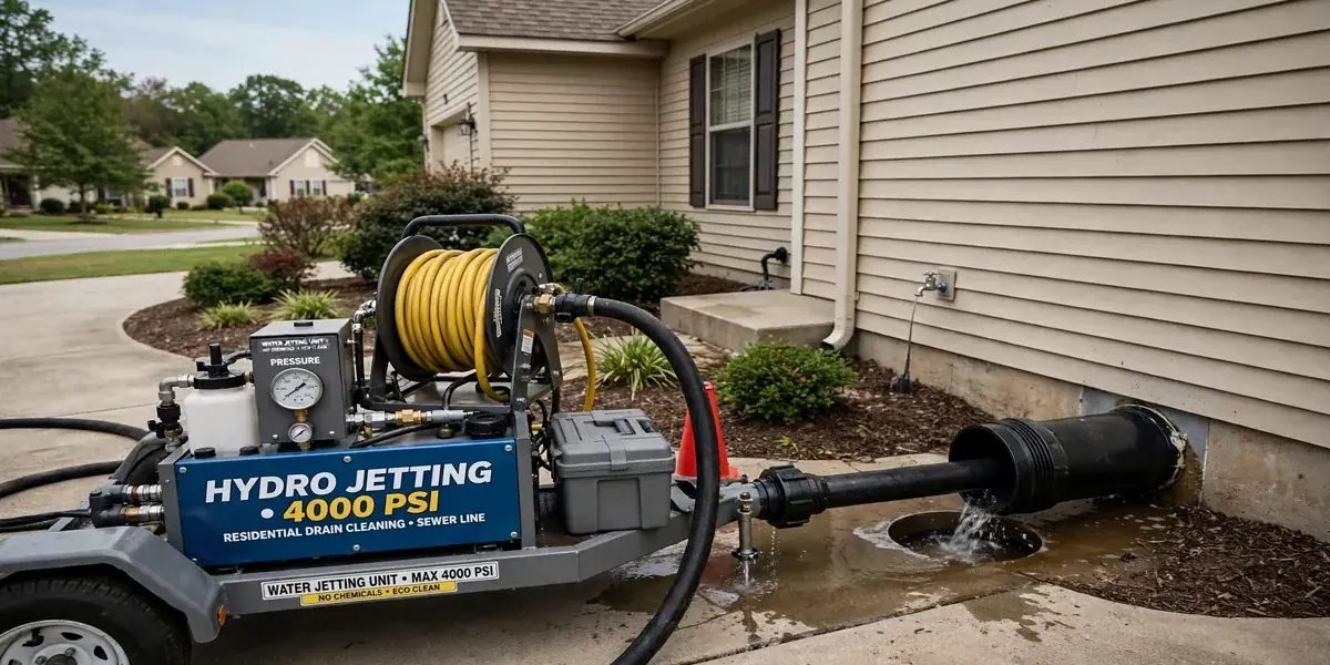 Hydro jetting trailer with hose running to a sewer cleanout beside a house