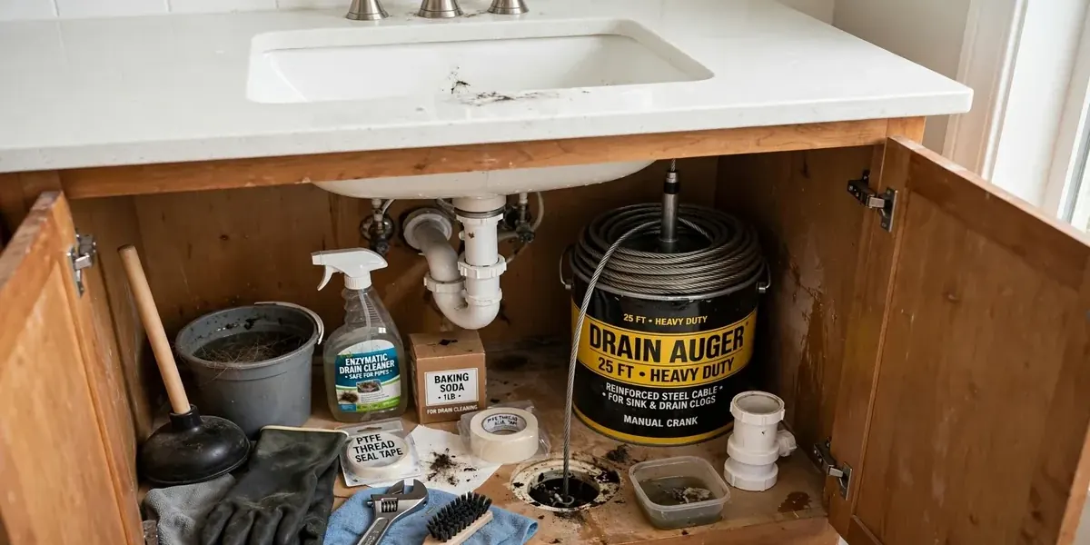 Open sink cabinet with a drain auger, gloves and cleaning supplies beside the trap