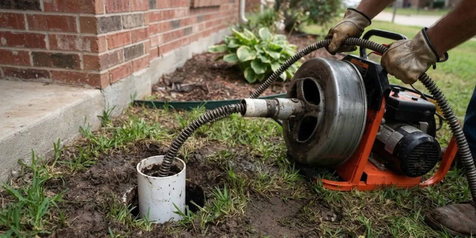 Cable drain machine feeding into a sewer cleanout in a front yard