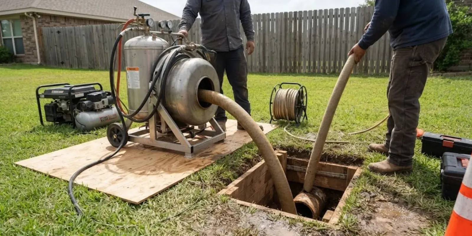 Crew running a pipe lining machine and liner hose into an access pit in a back yard