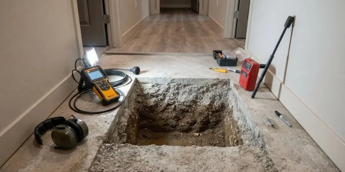 Cut-out in a concrete floor with leak detection equipment and ear protection beside it
