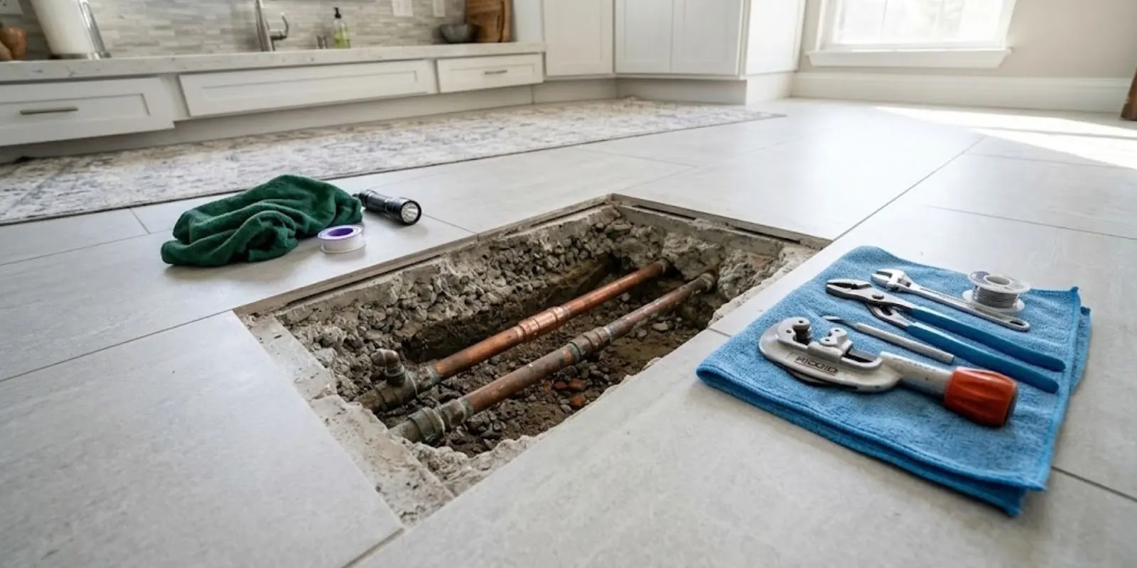 Opening cut in a tile floor exposing copper supply lines with plumbing tools laid out