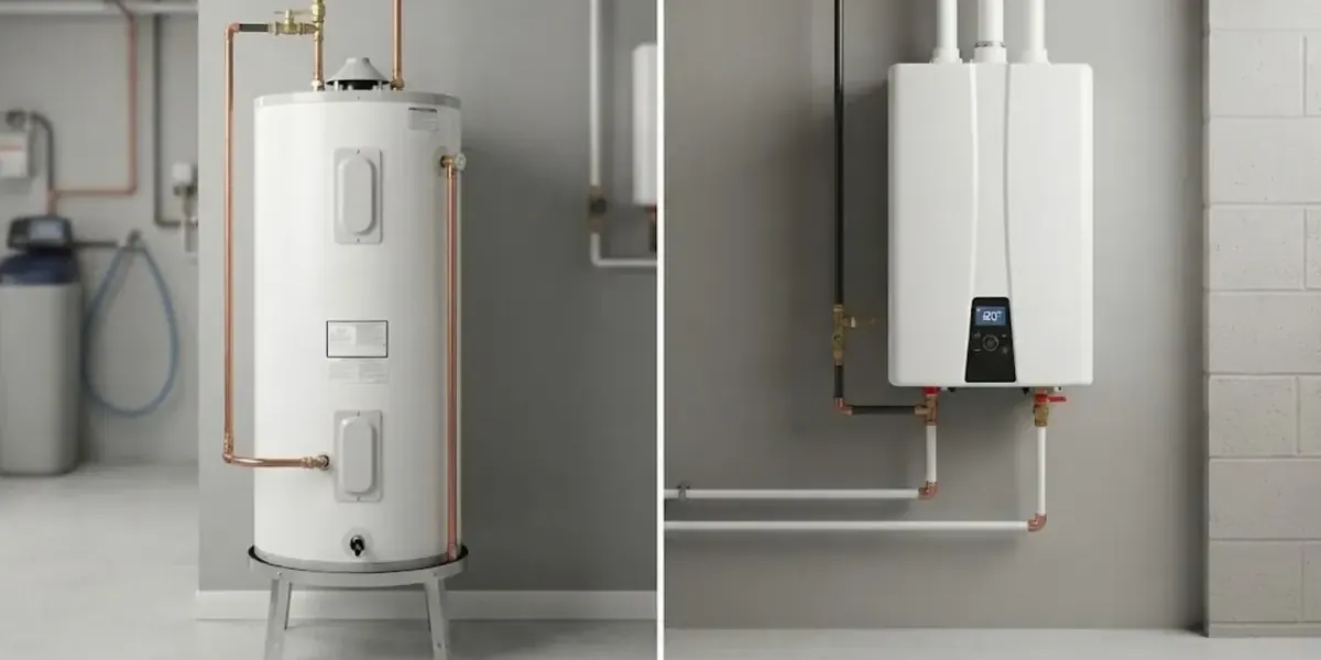 Storage tank water heater beside a wall-mounted tankless unit