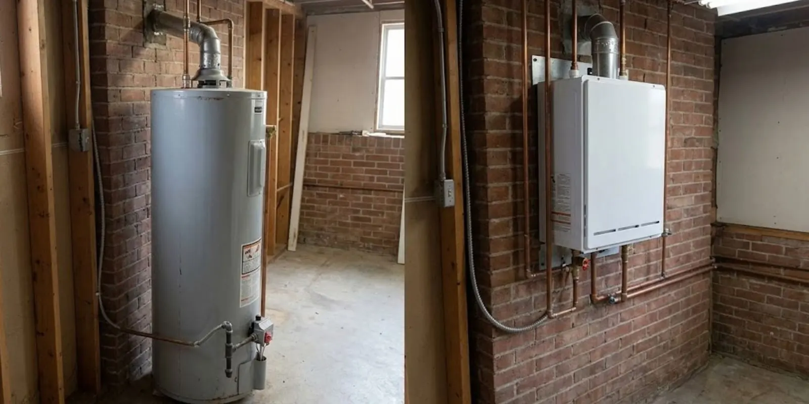Tank water heater and a tankless unit installed against a brick wall