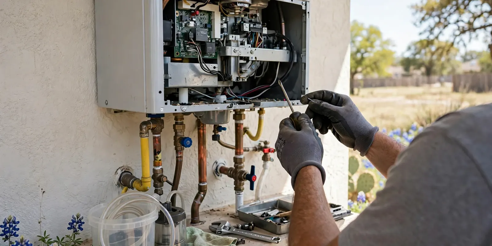 Gloved hands working inside the open panel of a wall-mounted tankless water heater