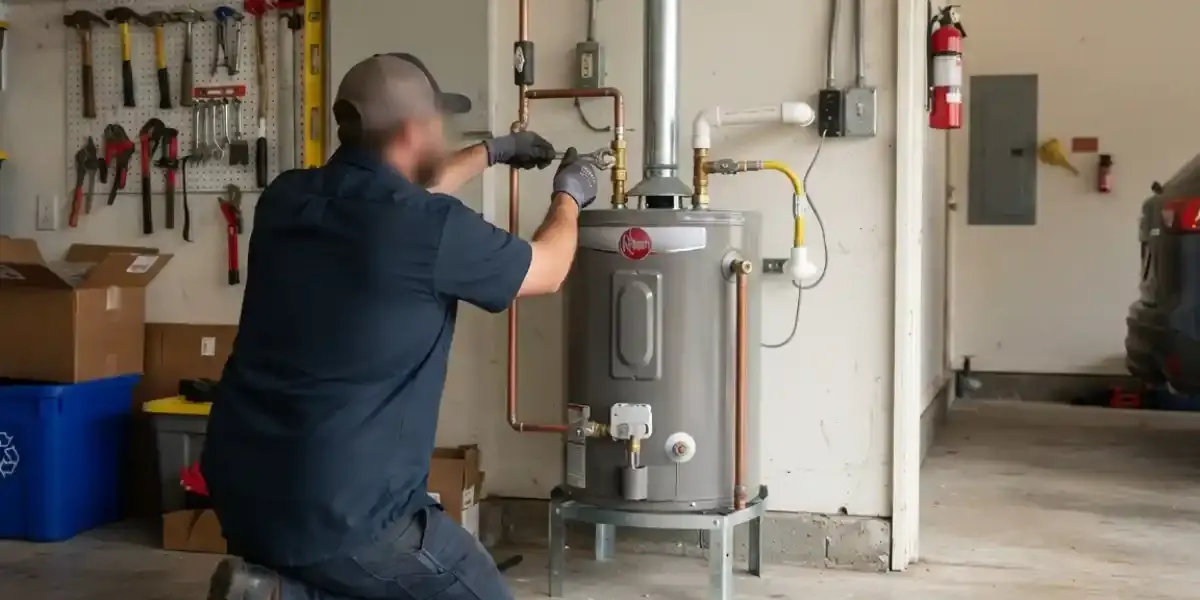 Plumber installing a storage water heater in a home garage